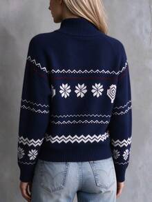 SHEIN Women Vintage Retro Casual Fair Isle Snowflake Jacquard Knit Pullover French Style Small Stand Collar Raglan Sleeve Fall Christmas Sweater Navy Blue - Navy Blue - View 2