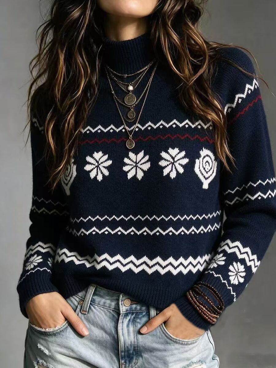 SHEIN Women Vintage Retro Casual Fair Isle Snowflake Jacquard Knit Pullover French Style Small Stand Collar Raglan Sleeve Fall Christmas Sweater Navy Blue - Navy Blue - View 1
