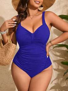 Slaydiva Plus Size Solid Color Cut-Out Ruched One-Piece Swimsuit, Slimming Casual For Vacation Summer - Royal Blue - View 7
