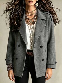 SHEIN 女款灰色大衣/雙排扣領寬版優雅法式大衣/通勤簡約百搭西裝外套，適合辦公室 2026 秋季 - 深灰色 - 查看 4