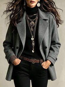 SHEIN 女款灰色大衣/雙排扣領寬版優雅法式大衣/通勤簡約百搭西裝外套，適合辦公室 2026 秋季 - 深灰色 - 查看 5
