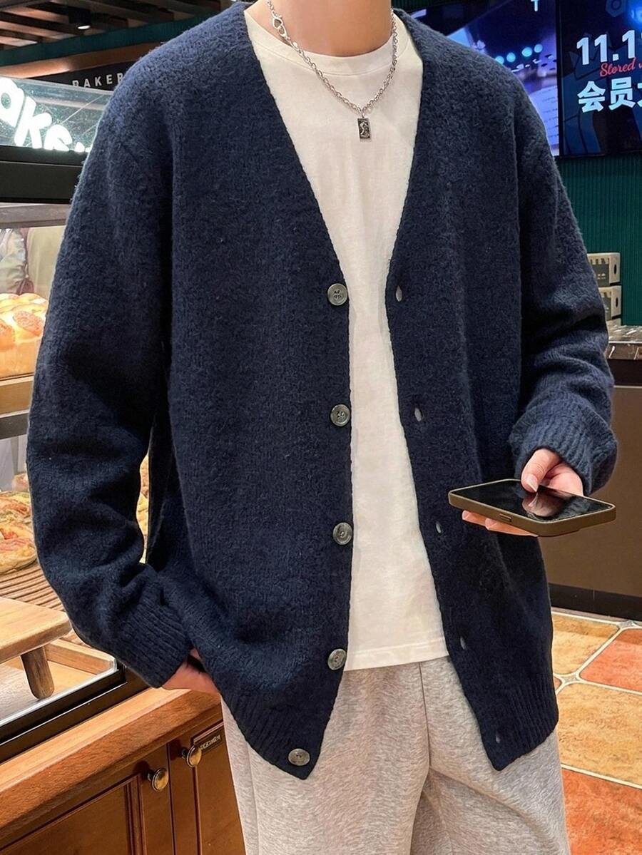 Manfinity CasualKnits 含羊毛男士復古時尚單排扣針織開襟衫 節慶男孩款 秋冬日常新款 毛衣開襟衫 - 綠色 - 查看 1