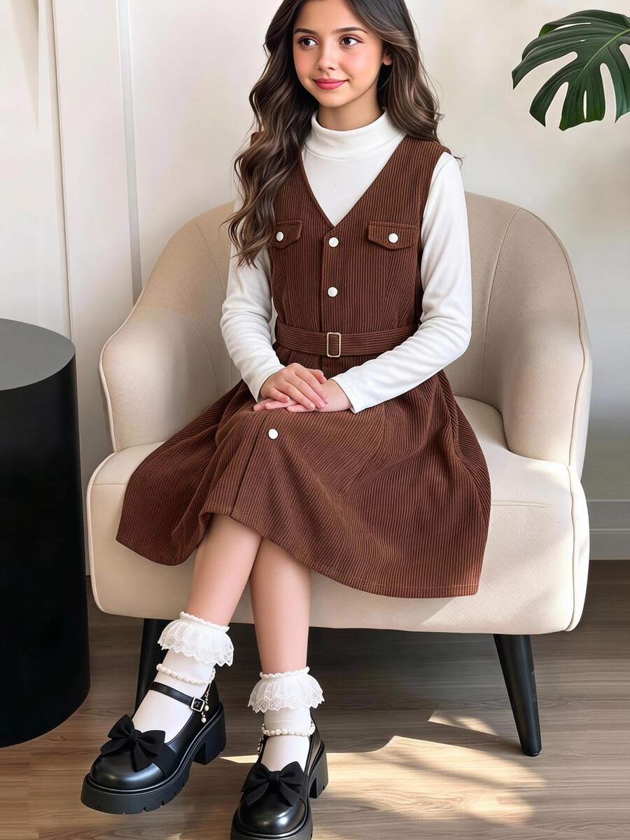8-12歲女孩純色無袖服裝 感恩節套裝 秋季風格 美式校園風 米白色深棕色 優雅可愛 制服風 學院風