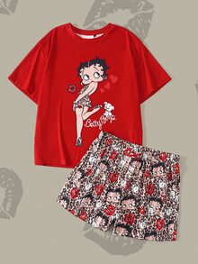 Betty Boop x SHEIN Plus Size Women's Letter Cartoon Print Short Sleeve Top And Shorts Casual Daily Home Sleepwear Set - Red - View 3