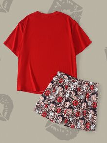 Betty Boop x SHEIN Plus Size Women's Letter Cartoon Print Short Sleeve Top And Shorts Casual Daily Home Sleepwear Set - Red - View 2