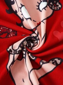 Betty Boop x SHEIN Plus Size Women's Letter Cartoon Print Short Sleeve Top And Shorts Casual Daily Home Sleepwear Set - Red - View 10