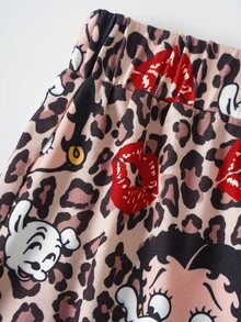 Betty Boop x SHEIN Plus Size Women's Letter Cartoon Print Short Sleeve Top And Shorts Casual Daily Home Sleepwear Set - Red - View 8