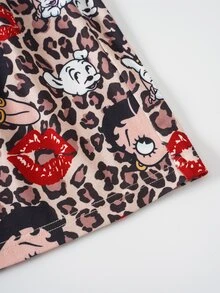 Betty Boop x SHEIN Plus Size Women's Letter Cartoon Print Short Sleeve Top And Shorts Casual Daily Home Sleepwear Set - Red - View 9