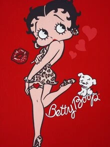 Betty Boop x SHEIN Plus Size Women's Letter Cartoon Print Short Sleeve Top And Shorts Casual Daily Home Sleepwear Set - Red - View 5