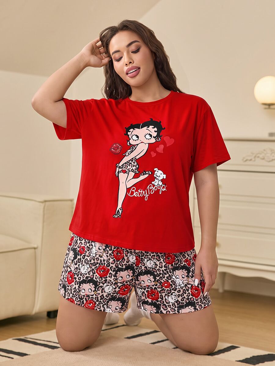Betty Boop x SHEIN Plus Size Women's Letter Cartoon Print Short Sleeve Top And Shorts Casual Daily Home Sleepwear Set - Red - View 1