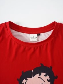 Betty Boop x SHEIN Plus Size Women's Letter Cartoon Print Short Sleeve Top And Shorts Casual Daily Home Sleepwear Set - Red - View 4