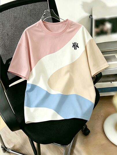 Teen Boys Pink, White And Blue Colorblock T-Shirt, Comfortable Casual Daily Wear Short Sleeve T-Shirt