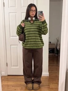 Comfortcana Fall/ Plus Size Green Raglan Long Sleeve Casual Elegant Plus Size Sweater Graduation Vacation Winter - Army Green - View 3