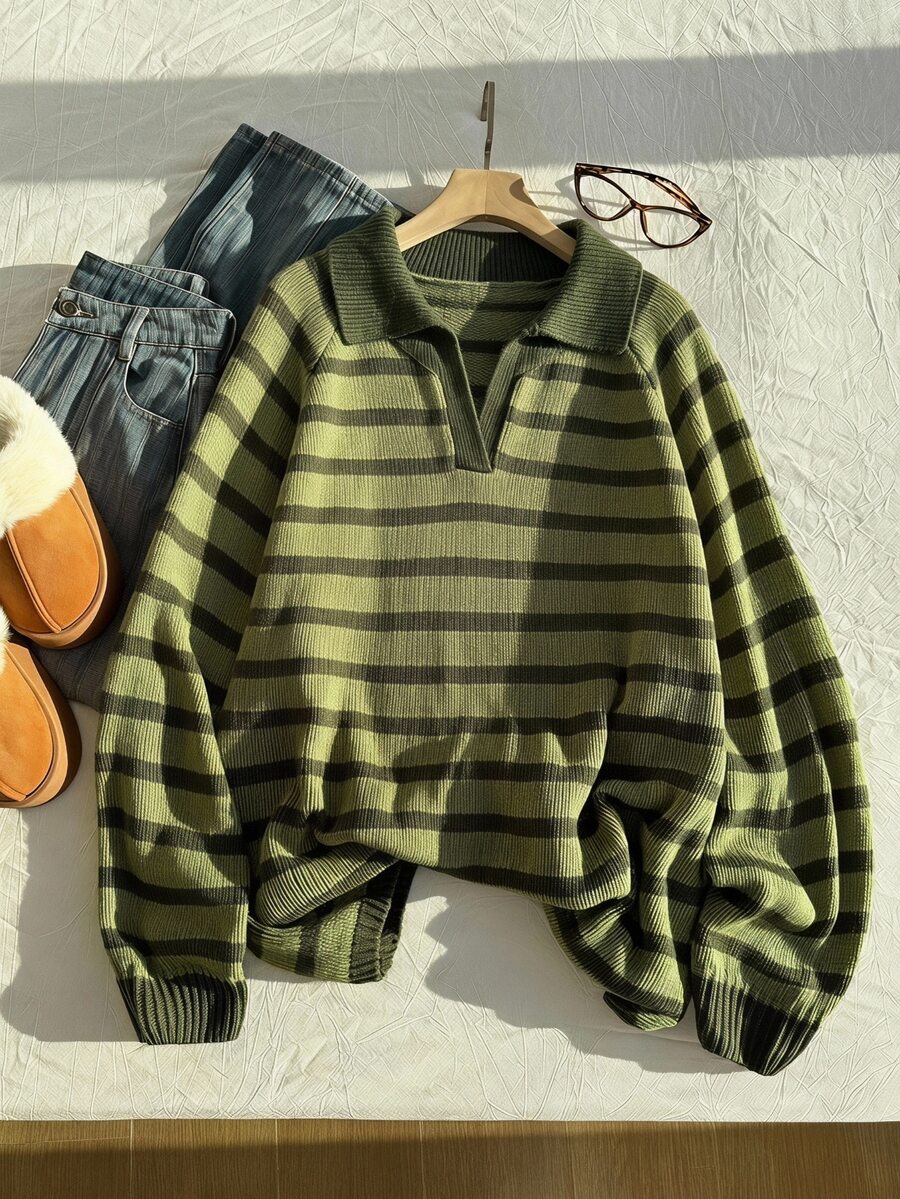 Comfortcana Fall/ Plus Size Green Raglan Long Sleeve Casual Elegant Plus Size Sweater Graduation Vacation Winter - Army Green - View 1