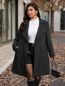 SHEIN Clasi 大尺碼女款雙排扣長袖休閒羊毛混紡大衣，秋冬款 - 黑色 - 查看 6