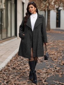 SHEIN Clasi 大尺碼女款雙排扣長袖休閒羊毛混紡大衣，秋冬款 - 黑色 - 查看 7