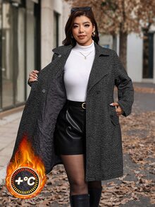 SHEIN Clasi 大尺碼女款雙排扣長袖休閒羊毛混紡大衣，秋冬款 - 黑色 - 查看 8