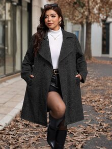 SHEIN Clasi 大尺碼女款雙排扣長袖休閒羊毛混紡大衣，秋冬款 - 黑色 - 查看 4
