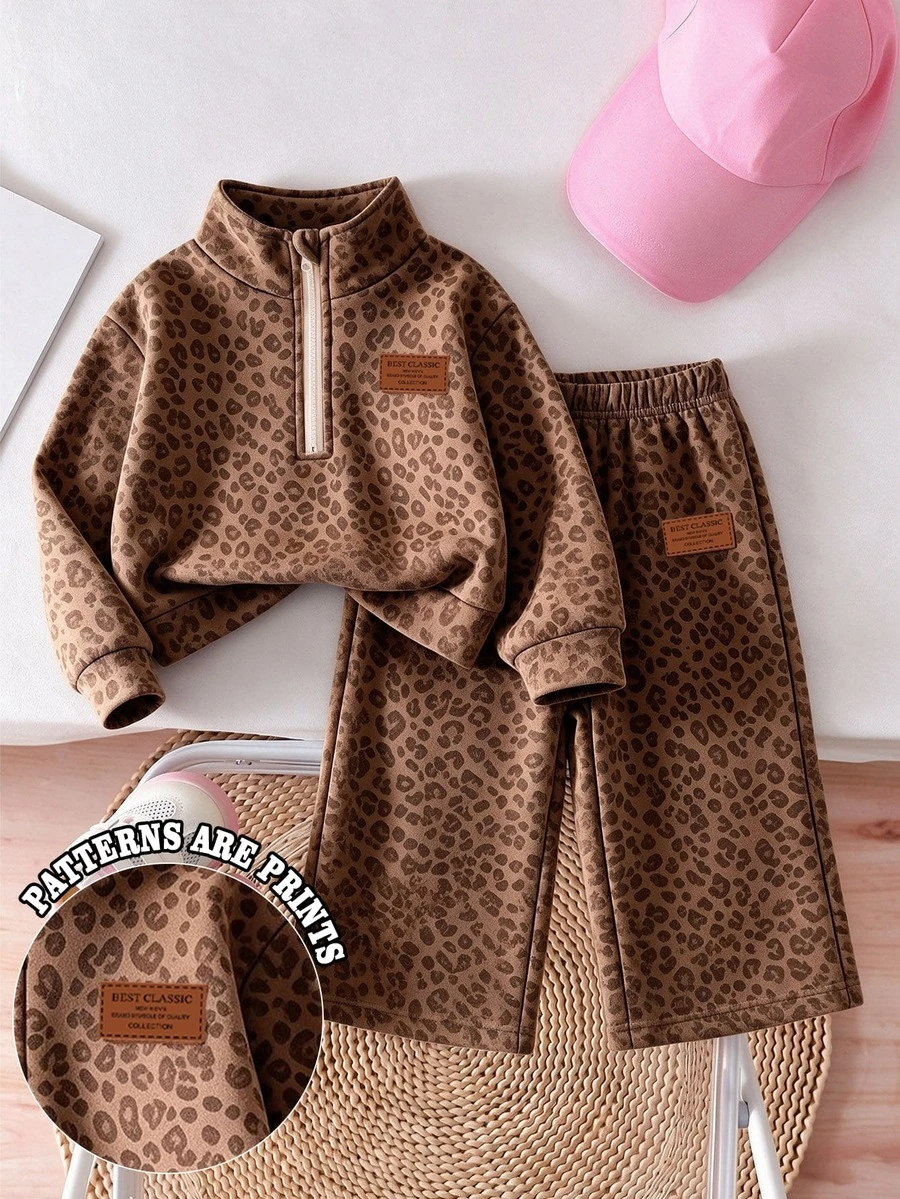 Infant Girls Pink Leopard Print Fleece Two Pieces Set, Half-Zip Stand Collar Top + Wide Leg Pants, Thick Plush Lining, Stamp Winter - Multicolor - View 1