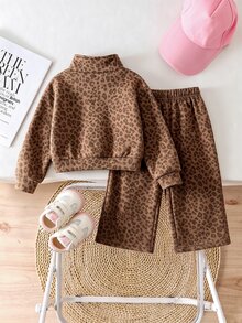 Infant Girls Pink Leopard Print Fleece Two Pieces Set, Half-Zip Stand Collar Top + Wide Leg Pants, Thick Plush Lining, Stamp Winter - Multicolor - View 2