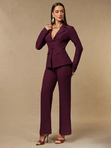 Silquee Women's Elegant Autumn/Winter Burgundy Long-Sleeve Jacket And Trouser Set With Chinese-Style Knot Buttons And Lapel Collar Everyday Commute And Sophis - Burgundy - View 12