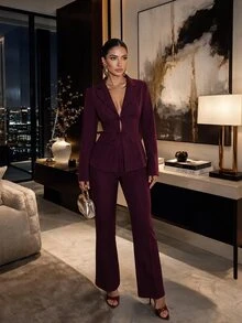 Silquee Women's Elegant Autumn/Winter Burgundy Long-Sleeve Jacket And Trouser Set With Chinese-Style Knot Buttons And Lapel Collar Everyday Commute And Sophis - Burgundy - View 3
