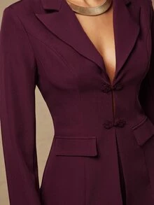 Silquee Women's Elegant Autumn/Winter Burgundy Long-Sleeve Jacket And Trouser Set With Chinese-Style Knot Buttons And Lapel Collar Everyday Commute And Sophis - Burgundy - View 9