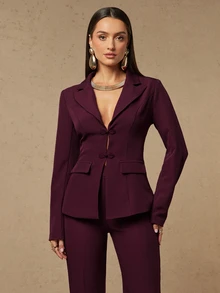 Silquee Women's Elegant Autumn/Winter Burgundy Long-Sleeve Jacket And Trouser Set With Chinese-Style Knot Buttons And Lapel Collar Everyday Commute And Sophis - Burgundy - View 8