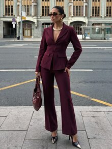 Silquee Women's Elegant Autumn/Winter Burgundy Long-Sleeve Jacket And Trouser Set With Chinese-Style Knot Buttons And Lapel Collar Everyday Commute And Sophis - Burgundy - View 5