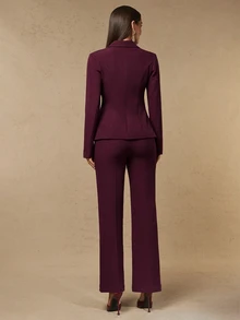 Silquee Women's Elegant Autumn/Winter Burgundy Long-Sleeve Jacket And Trouser Set With Chinese-Style Knot Buttons And Lapel Collar Everyday Commute And Sophis - Burgundy - View 7