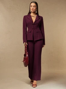 Silquee Women's Elegant Autumn/Winter Burgundy Long-Sleeve Jacket And Trouser Set With Chinese-Style Knot Buttons And Lapel Collar Everyday Commute And Sophis - Burgundy - View 6