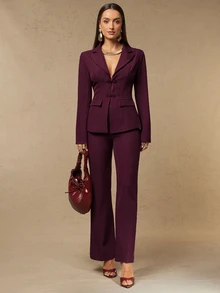 Silquee Women's Elegant Autumn/Winter Burgundy Long-Sleeve Jacket And Trouser Set With Chinese-Style Knot Buttons And Lapel Collar Everyday Commute And Sophis - Burgundy - View 11