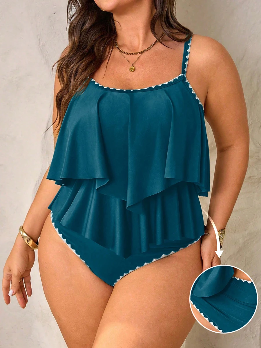 SHEIN Swim Curve 2pcs Plus Size Women Teal Spaghetti Strap Ruffle Trim Top High Waist Pants Set, Summer Beach Party Vacation Holiday Mob Wife Greek Goddess - Blue - View 1