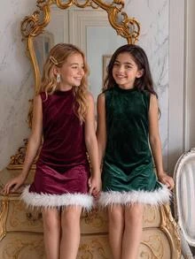 SHEIN Tween Girls Elegant White Plush Mock Neck Sleeveless Dress With Fuzzy Trim Christmas Holiday Party Formal Outfits Summer - Burgundy - View 7