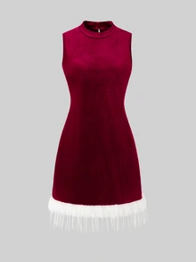 SHEIN Tween Girls Elegant White Plush Mock Neck Sleeveless Dress With Fuzzy Trim Christmas Holiday Party Formal Outfits Summer - Burgundy - View 3