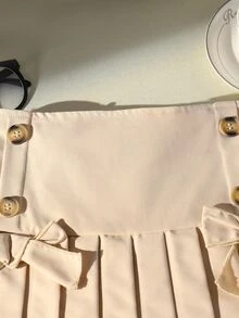 SHEIN 青少年女孩秋季返校休閒學院風可愛米色彈性腰褶皺裙，度假舒適款 - 卡其色 - 查看 3