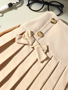 SHEIN 青少年女孩秋季返校休閒學院風可愛米色彈性腰褶皺裙，度假舒適款 - 卡其色 - 查看 5