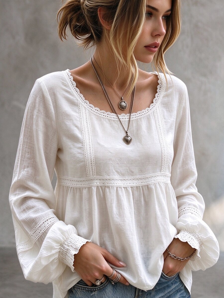 SHEIN Franclia 女款素色百褶休閒百搭日常穿著襯衫 - 白色 - 查看 1