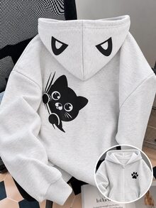SHEIN 秋冬女童連帽拉鍊外套，街頭風可愛圖案休閒混搭衛衣，長袖抓絨，秋季校園穿搭，淺灰色 - 灰色 - 查看 1