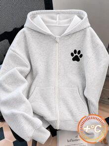SHEIN 秋冬女童連帽拉鍊外套，街頭風可愛圖案休閒混搭衛衣，長袖抓絨，秋季校園穿搭，淺灰色 - 灰色 - 查看 2
