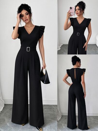 Elenzga Women's Fashion Woven V-Neck Cap Sleeve Metal Buckle Waist Cinched Casual Maturity Elegant Jumpsuit Office Party Black Summer