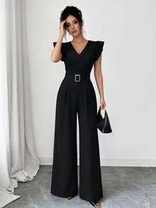 Elenzga 女士时尚编织V领短袖金属扣收腰休闲连体裤 - 黑色 - 查看 3