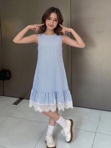 Firerie Kids Firerie Kids 兒童青少年女孩蕾絲裝飾藍白條紋無袖荷葉邊下擺夏季度假洋裝 派對可愛優雅 - 藍色 - 查看 1