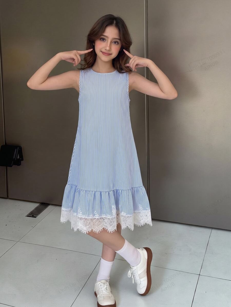 Firerie Kids Firerie Kids 兒童青少年女孩蕾絲裝飾藍白條紋無袖荷葉邊下擺夏季度假洋裝 派對可愛優雅 - 藍色 - 查看 1