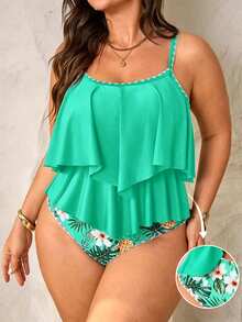 SHEIN Swim Curve 2pcs Plus Size Women Coral Spaghetti Strap Ruffle Trim Top High Waist Pants Set Summer Beach Vacation Gym Holiday White Tropical Safari Tropical - Multicolor - View 1