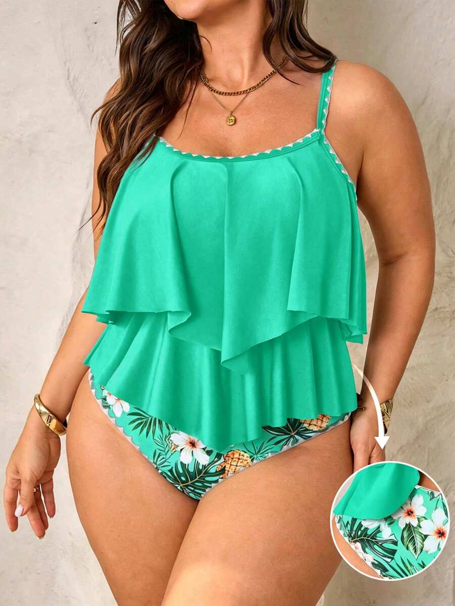 SHEIN Swim Curve 2pcs Plus Size Women Coral Spaghetti Strap Ruffle Trim Top High Waist Pants Set Summer Beach Vacation Gym Holiday White Tropical Safari Tropical - Multicolor - View 1