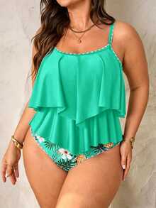 SHEIN Swim Curve 2pcs Plus Size Women Coral Spaghetti Strap Ruffle Trim Top High Waist Pants Set Summer Beach Vacation Gym Holiday White Tropical Safari Tropical - Multicolor - View 4