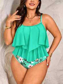 SHEIN Swim Curve 2pcs Plus Size Women Coral Spaghetti Strap Ruffle Trim Top High Waist Pants Set Summer Beach Vacation Gym Holiday White Tropical Safari Tropical - Multicolor - View 3