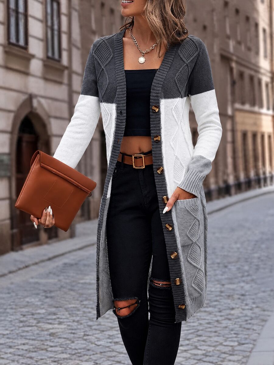 EMERY ROSE Color Block Longline Cardigan,Long Sleeve Tops Fall Winter ...