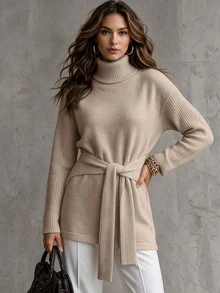SHEIN Women's Autumn Winter Apricot Knit Sweater, Elegant Mock Neck Long Sleeve Pullover With Bow Tie Waist Design,Chic Feminine Style For Casual Daily Wear - Apricot - View 6